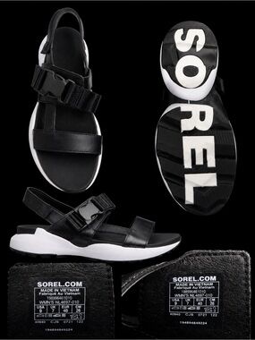 Sorel Black and White Sport Sandals with Logo Sole